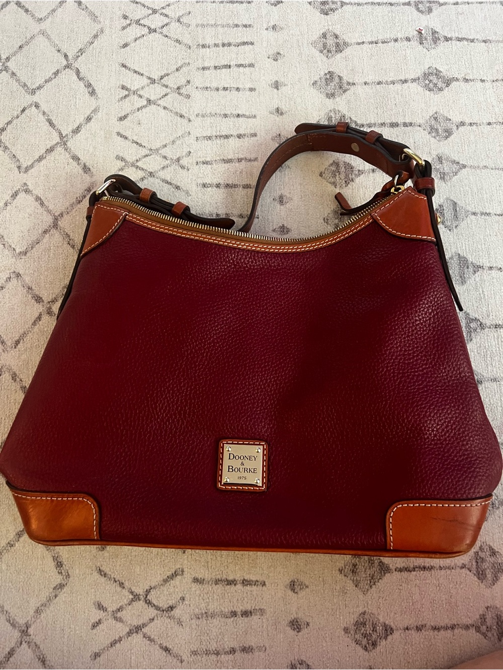 Dooney & Bourke Burgundy Pebbled Leather Hobo with Tan Trim and Gold Hardware